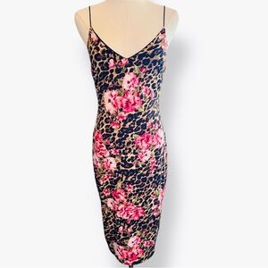 BEBE Satin Pink Floral Leopard Midi Dress w Black Leather Spaghetti Straps